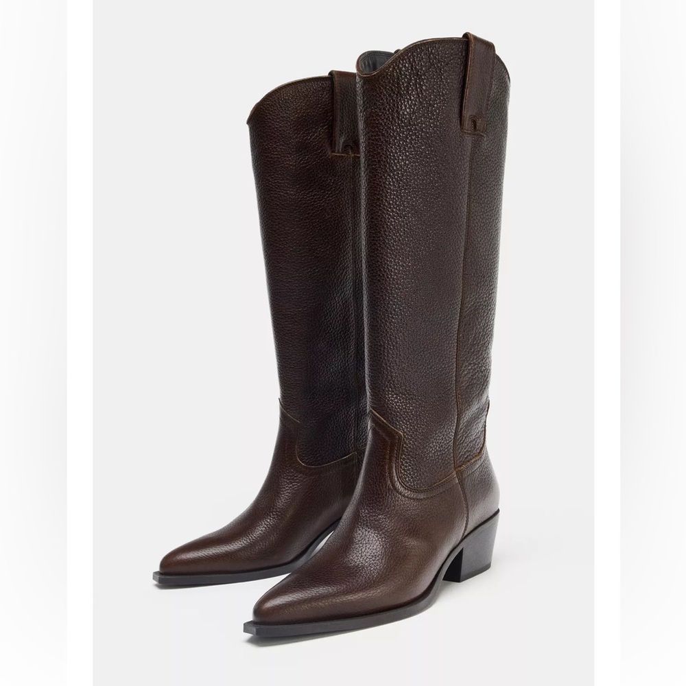 ZARA Leather Tall Pull-on Cowboy Boots. Size 10. New - Picture 1 of 16